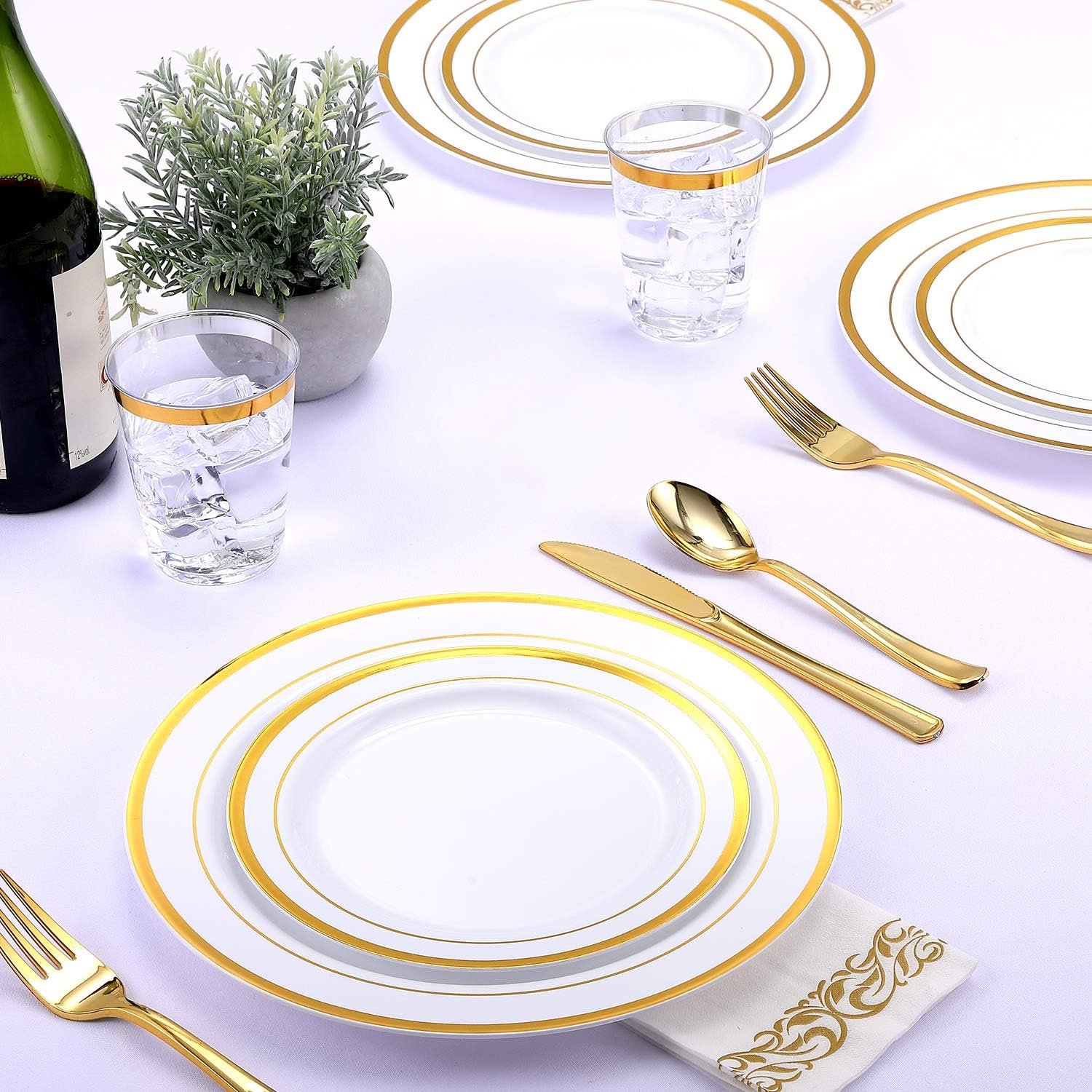 Wholesale 175 Count Gold Rimmed White Disposable Plastic Dinnerware Set for 25 Guests Heavy Duty Includes 25 Dinner Salad Plates Cups Cutlery for Wedding Parties Supplier