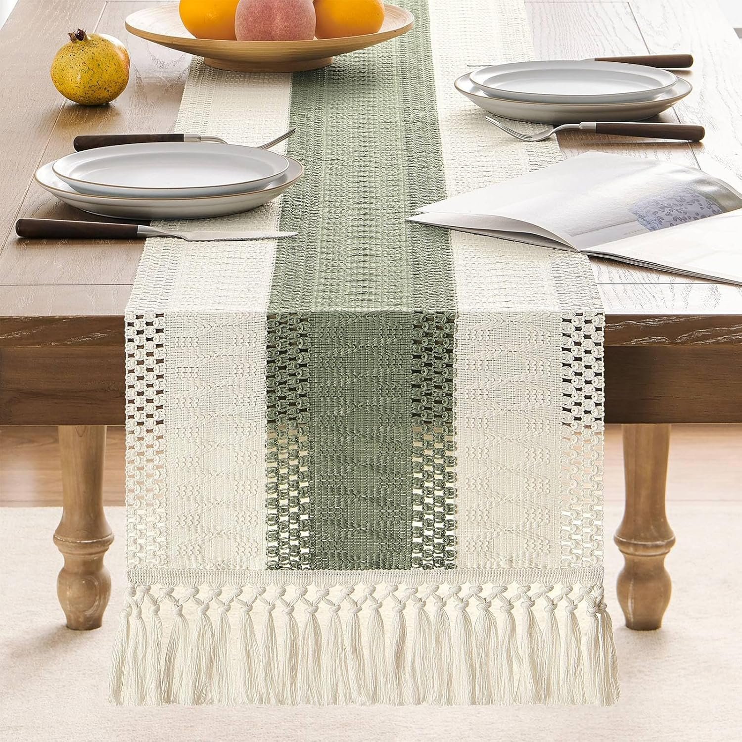 Wholesale Macrame Style Bicolor Stitching Table Runner 14 x 72 Inch Green Ivory Boho Sage Green Farmhouse Woven Home Decor Supplier Wholesale Macrame Style Bicolor Stitching Table Runner 14 x 72 Inch Green Ivory Boho Sage Green Farmhouse Woven Home Decor Supplier