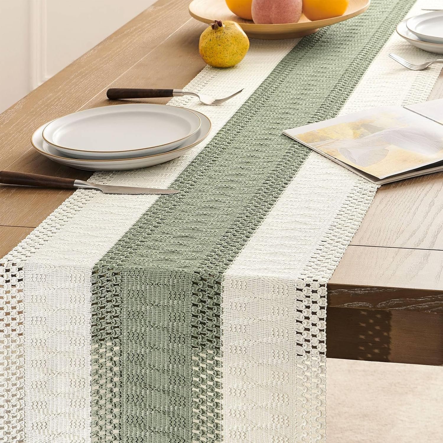 Wholesale Macrame Style Bicolor Stitching Table Runner 14 x 72 Inch Green Ivory Boho Sage Green Farmhouse Woven Home Decor Supplier Wholesale Macrame Style Bicolor Stitching Table Runner 14 x 72 Inch Green Ivory Boho Sage Green Farmhouse Woven Home Decor Supplier