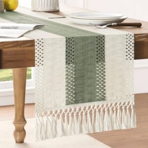 ZeeMart Macrame Style Bicolor Stitching Table Runner, 14 x 72 Inch Green/Ivory, Boho Sage Green Table Runners 72 Inches Long, Farmhouse Woven Home Decor