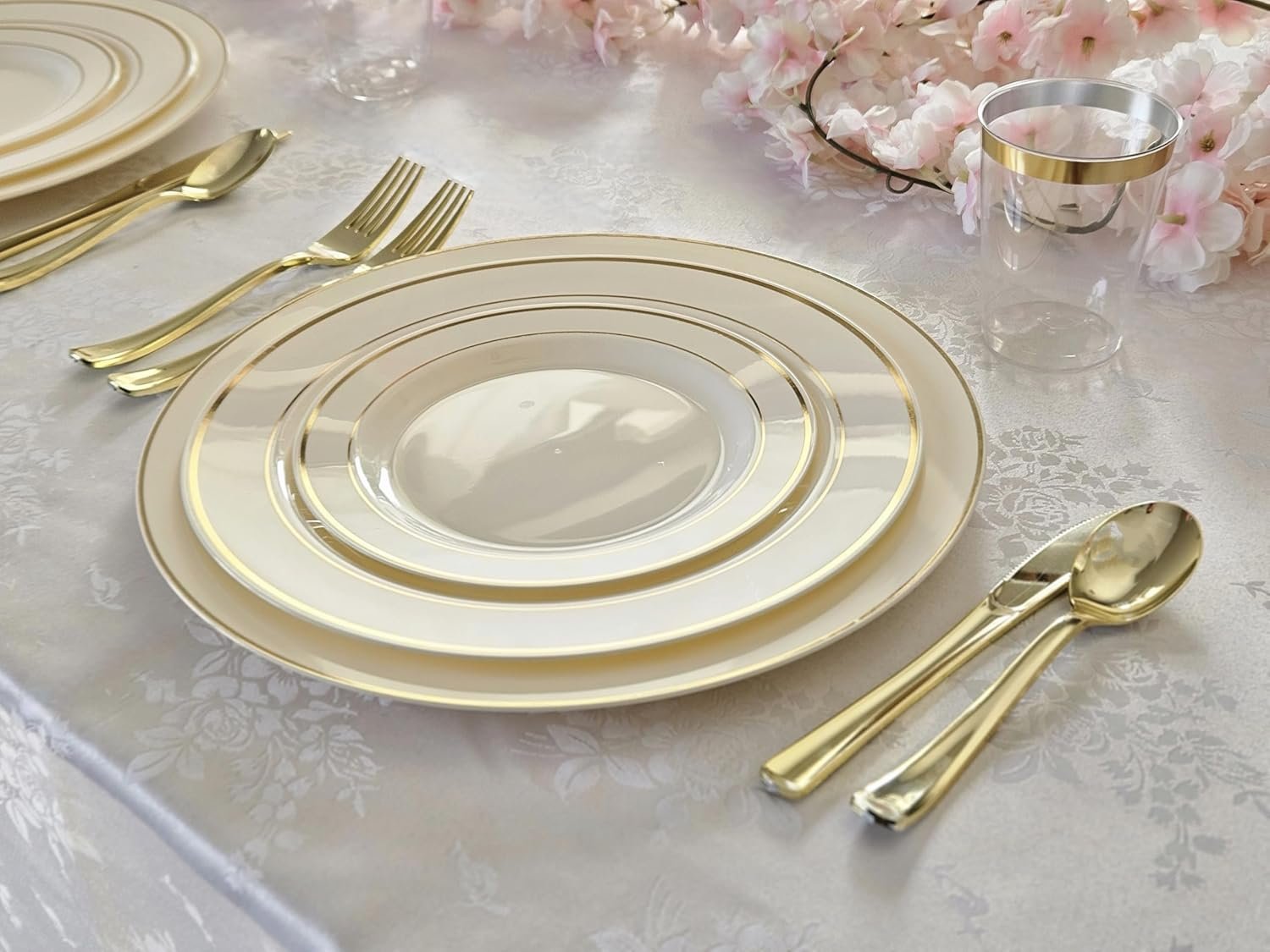 Wholesale 80 Plates Pack (40 Guests) Heavyweight Premium Disposable Plastic Plates Set for Wedding Party - 40 x 10.5'' Dinner + 40 x 7.5'' Salad/Dessert Ivory & Gold Rim Supplier Wholesale 80 Plates Pack (40 Guests) Heavyweight Premium Disposable Plastic Plates Set for Wedding Party - 40 x 10.5'' Dinner + 40 x 7.5'' Salad/Dessert Ivory & Gold Rim Supplier