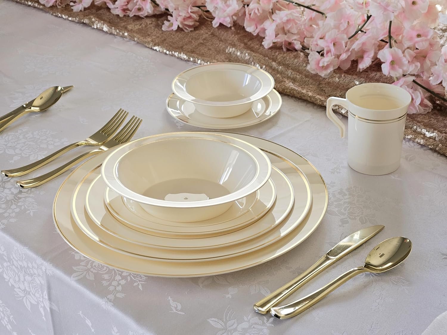Wholesale 80 Plates Pack (40 Guests) Heavyweight Premium Disposable Plastic Plates Set for Wedding Party - 40 x 10.5'' Dinner + 40 x 7.5'' Salad/Dessert Ivory & Gold Rim Supplier Wholesale 80 Plates Pack (40 Guests) Heavyweight Premium Disposable Plastic Plates Set for Wedding Party - 40 x 10.5'' Dinner + 40 x 7.5'' Salad/Dessert Ivory & Gold Rim Supplier