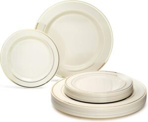 OCCASIONS 80 Plates Pack,(40 Guests) Heavyweight Premium Wedding Party Disposable Plastic Plates Set -40 x 10.5'' Dinner + 40 x 7.5'' Salad/Dessert (Ivory & Gold Rim)