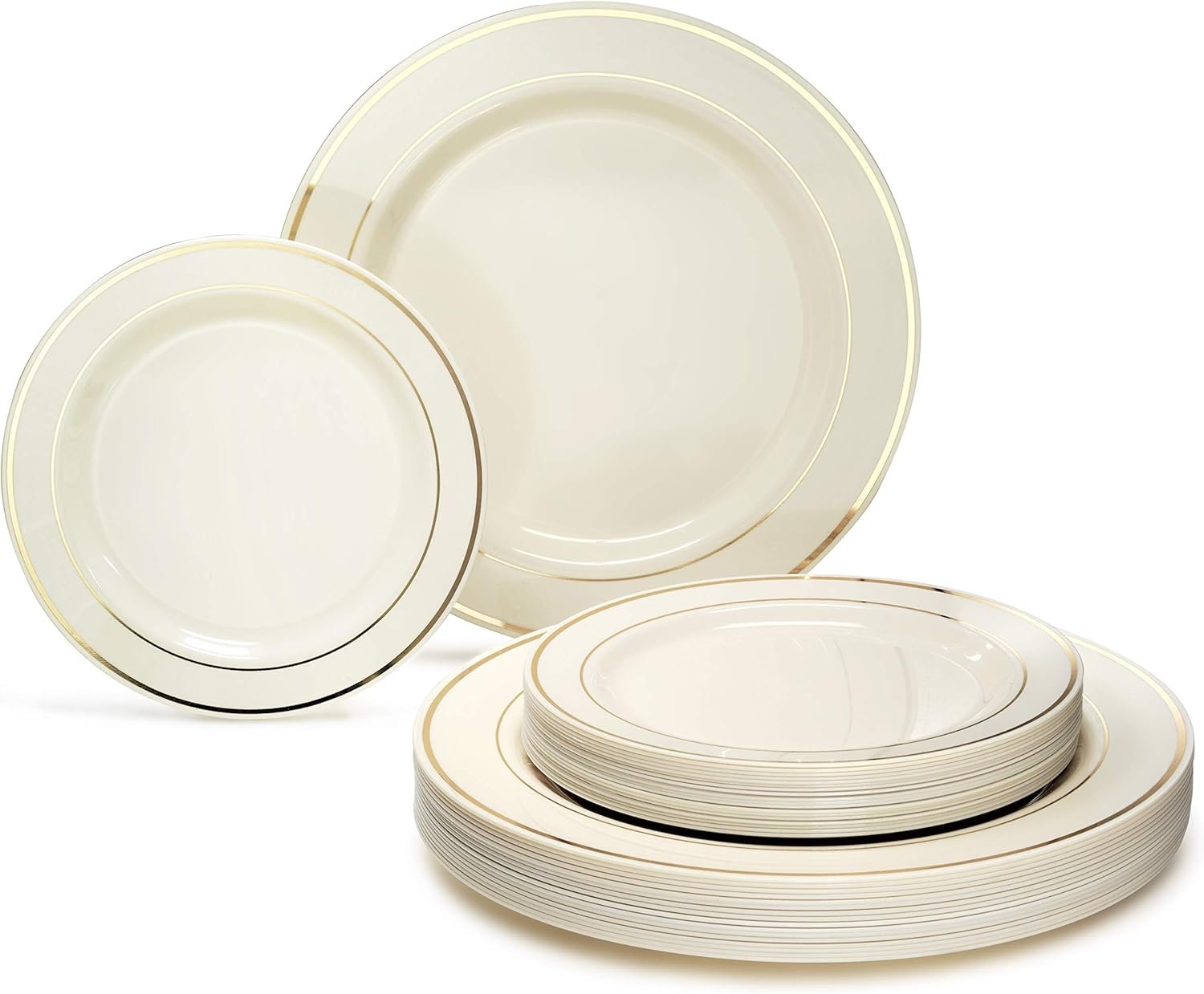 OCCASIONS 80 Plates Pack,(40 Guests) Heavyweight Premium Wedding Party Disposable Plastic Plates Set -40 x 10.5'' Dinner + 40 x 7.5'' Salad/Dessert (Ivory & Gold Rim)