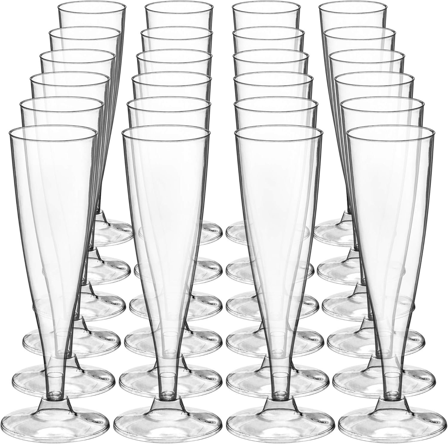 DecorRack 24 Champagne Glasses, 5 Oz -BPA Free- Plastic Flutes, Perfect for Outdoor Parties, Weddings, Hosting, Stackable, Reusable, Disposable Stemmed Cups (Pack of 24)
