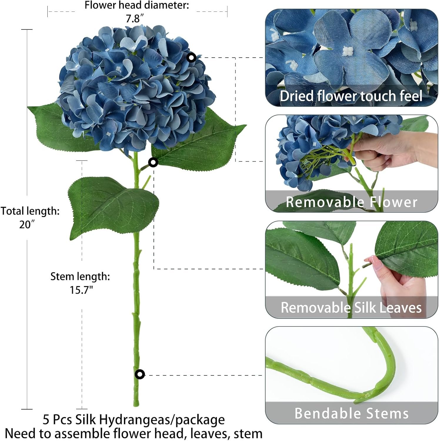 Wholesale 5 Pcs Dark Blue Silk Artificial Hydrangeas Boho Dried Touch 20'' Faux Flowers for Fall Indoor Home Decor Wedding Arrangements Supplier Wholesale 5 Pcs Dark Blue Silk Artificial Hydrangeas Boho Dried Touch 20'' Faux Flowers for Fall Indoor Home Decor Wedding Arrangements Supplier