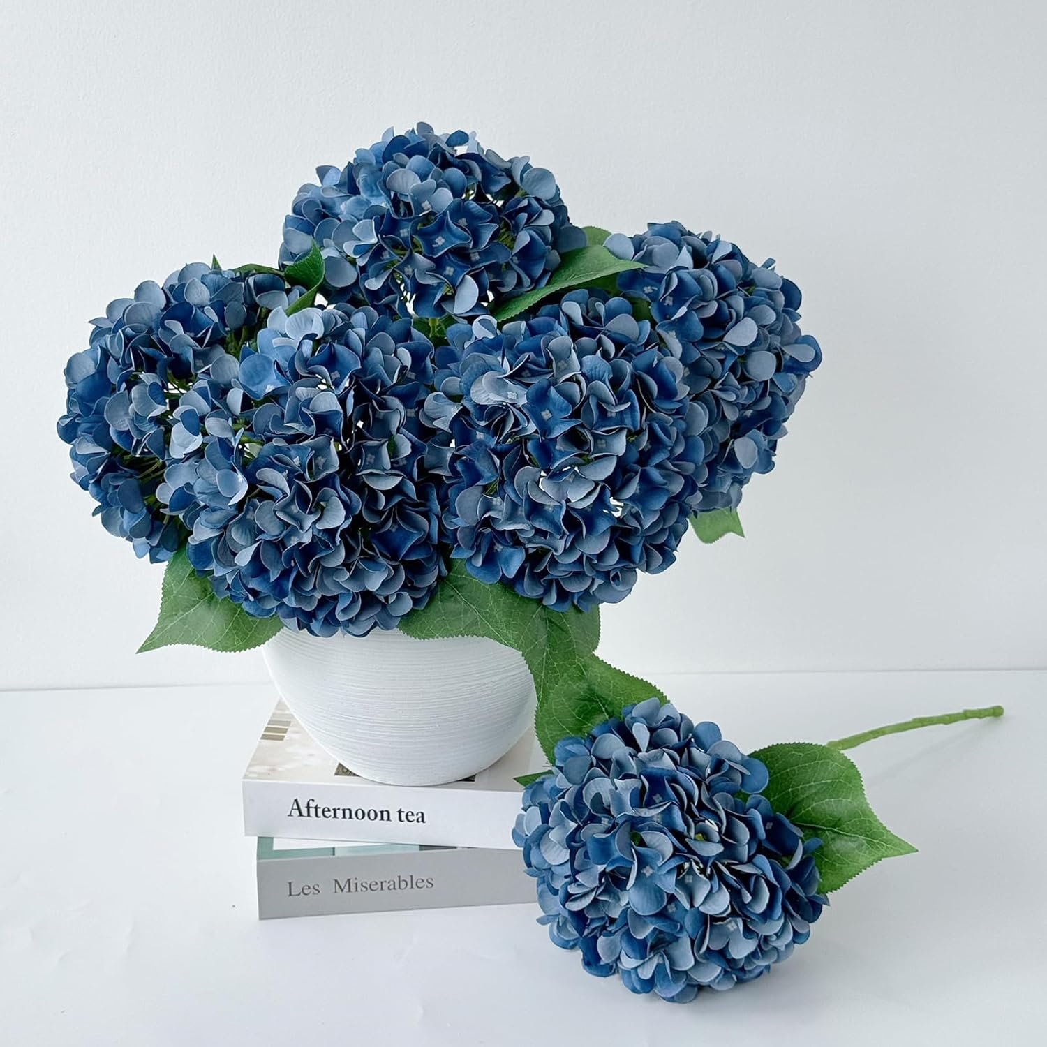 5 Pcs Dark Blue Silk Hydrangeas Artificial Flower Boho Dried Touch 20'' Faux Hydrangeas for Fall Indoor Home Decor Kitchen Living Room Outdoor Porch Wedding Flower Arrangement