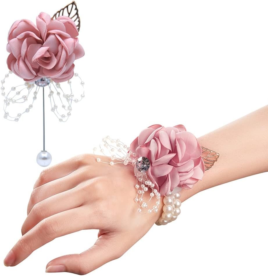 Rose Wrist Corsage Boutonniere Set,Wrist Flower Corsage Wristlet Band Bracelets and Men's Boutonniere for Wedding Flowers Accessories Prom Suit Decor