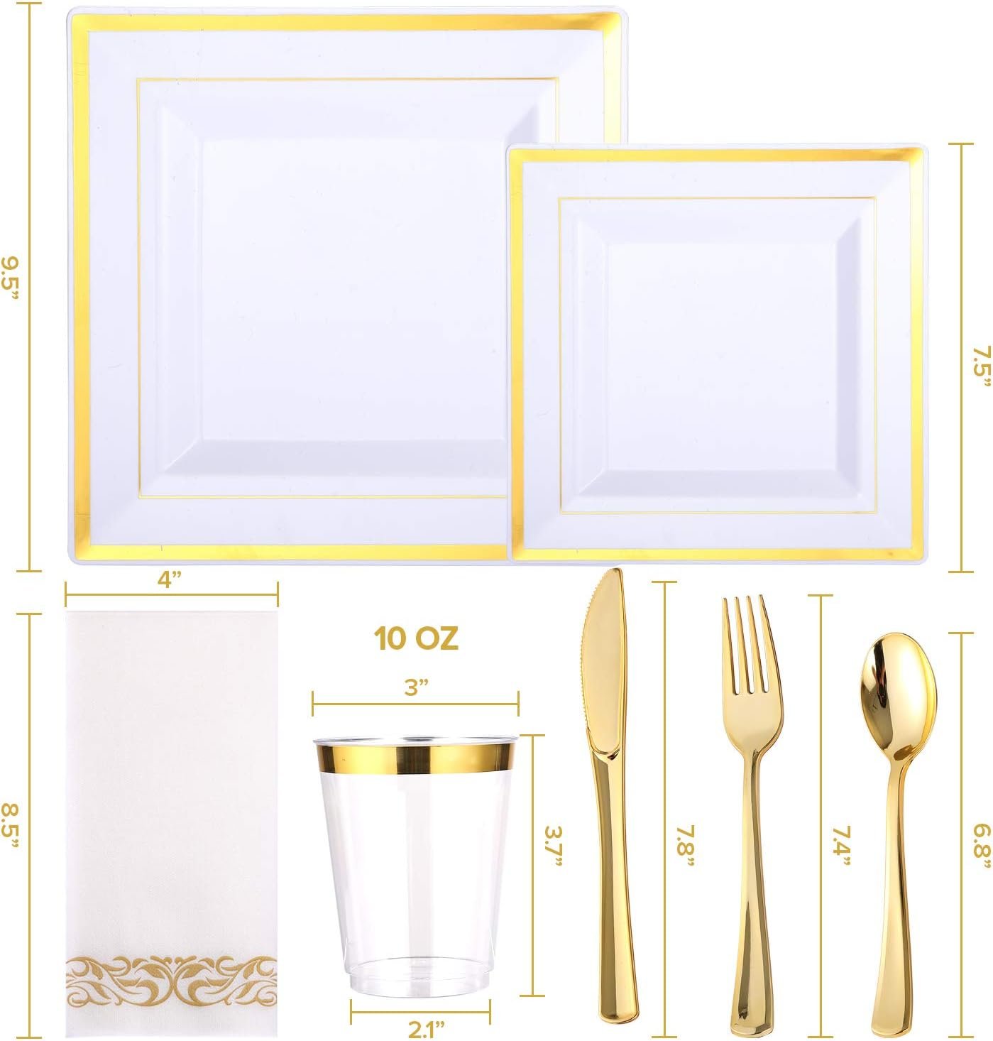 Wholesale 350 Ct Disposable Dinnerware Set for 50 Guests Heavy Duty Square Plastic Plates with Gold Rim Includes 50 Dinner and Salad Plates Cups Napkins Cutlery Supplier Wholesale 350 Ct Disposable Dinnerware Set for 50 Guests Heavy Duty Square Plastic Plates with Gold Rim Includes 50 Dinner and Salad Plates Cups Napkins Cutlery Supplier
