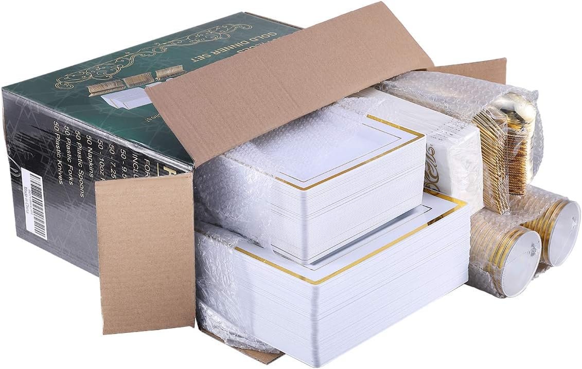 Wholesale 350 Ct Disposable Dinnerware Set for 50 Guests Heavy Duty Square Plastic Plates with Gold Rim Includes 50 Dinner and Salad Plates Cups Napkins Cutlery Supplier Wholesale 350 Ct Disposable Dinnerware Set for 50 Guests Heavy Duty Square Plastic Plates with Gold Rim Includes 50 Dinner and Salad Plates Cups Napkins Cutlery Supplier