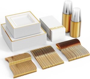 FOCUSLINE 350 Ct Disposable Dinnerware Set for 50 Guests -Heavy Duty Square Plastic Plates with Gold Rim, Includes 50 Dinner & Salad Plates, Cups, Napkins, Cutlery Set