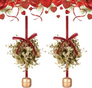 2 Pcs 5 Inch Valentines Day Mistletoe Ball Jingle Bell Ornament Mistletoe Glitter Kissing Ball with Jingle Bell Bow and Red Berry Artificial Hanging Ornament for Doorway Ceiling Light Decor