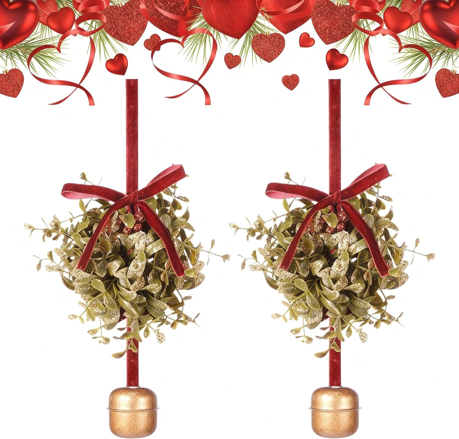 2 Pcs 5 Inch Valentines Day Mistletoe Ball Jingle Bell Ornament Mistletoe Glitter Kissing Ball with Jingle Bell Bow and Red Berry Artificial Hanging Ornament for Doorway Ceiling Light Decor