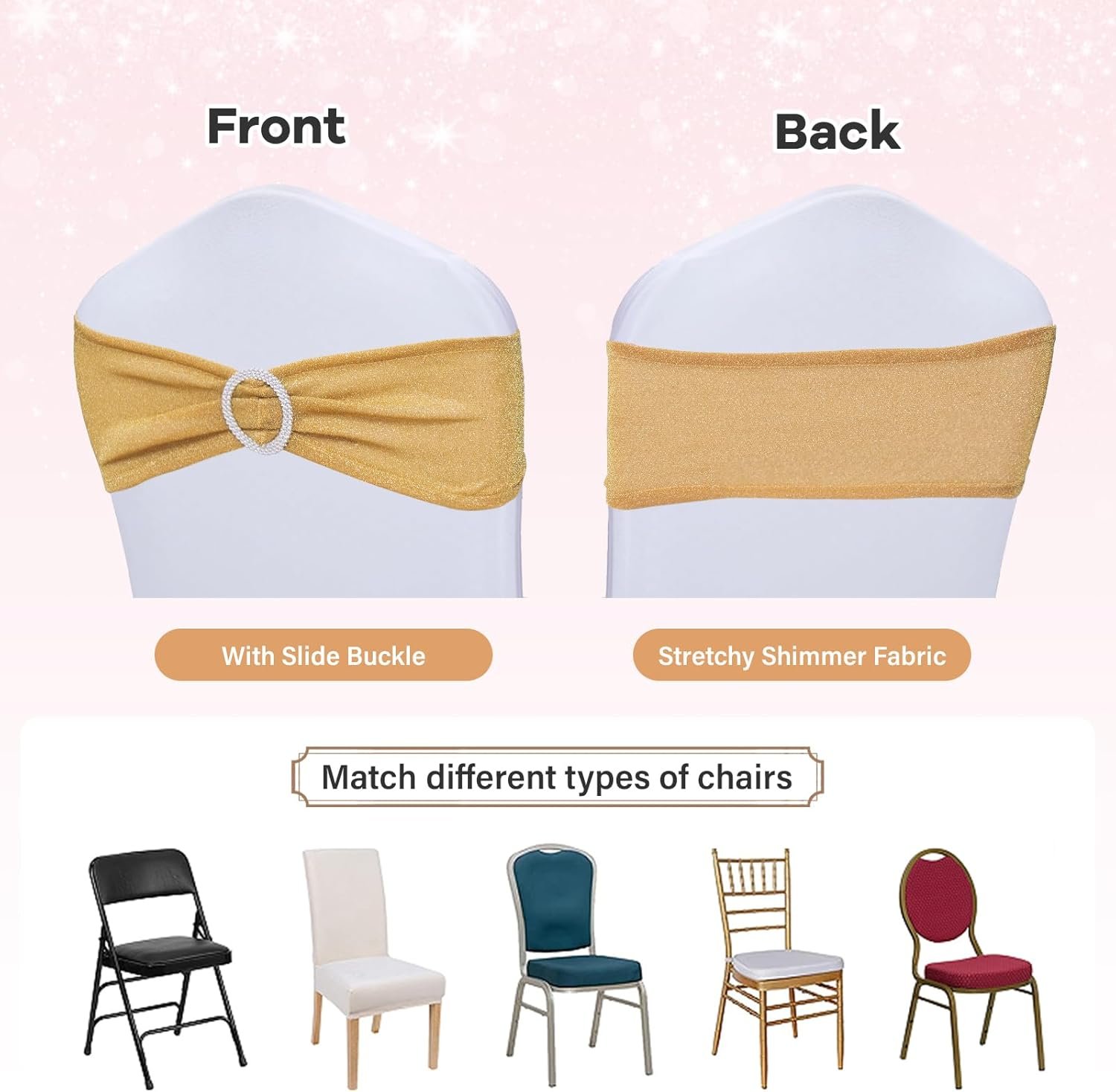 Wholesale Pack of 10 Gold Chair Sashes Bows with Buckle Slider Universal Elastic Spandex Bands Ties for Banquet Event Decor Supplier Wholesale Pack of 10 Gold Chair Sashes Bows with Buckle Slider Universal Elastic Spandex Bands Ties for Banquet Event Decor Supplier