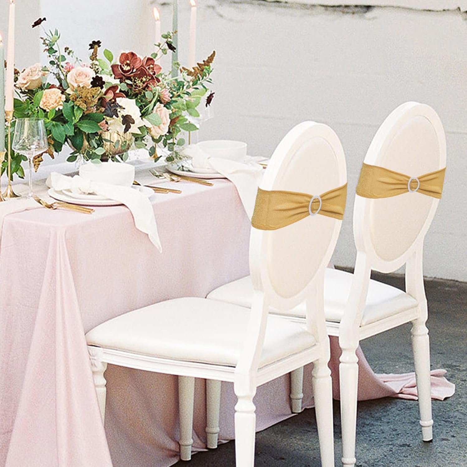 Wholesale Pack of 10 Gold Chair Sashes Bows with Buckle Slider Universal Elastic Spandex Bands Ties for Banquet Event Decor Supplier Wholesale Pack of 10 Gold Chair Sashes Bows with Buckle Slider Universal Elastic Spandex Bands Ties for Banquet Event Decor Supplier