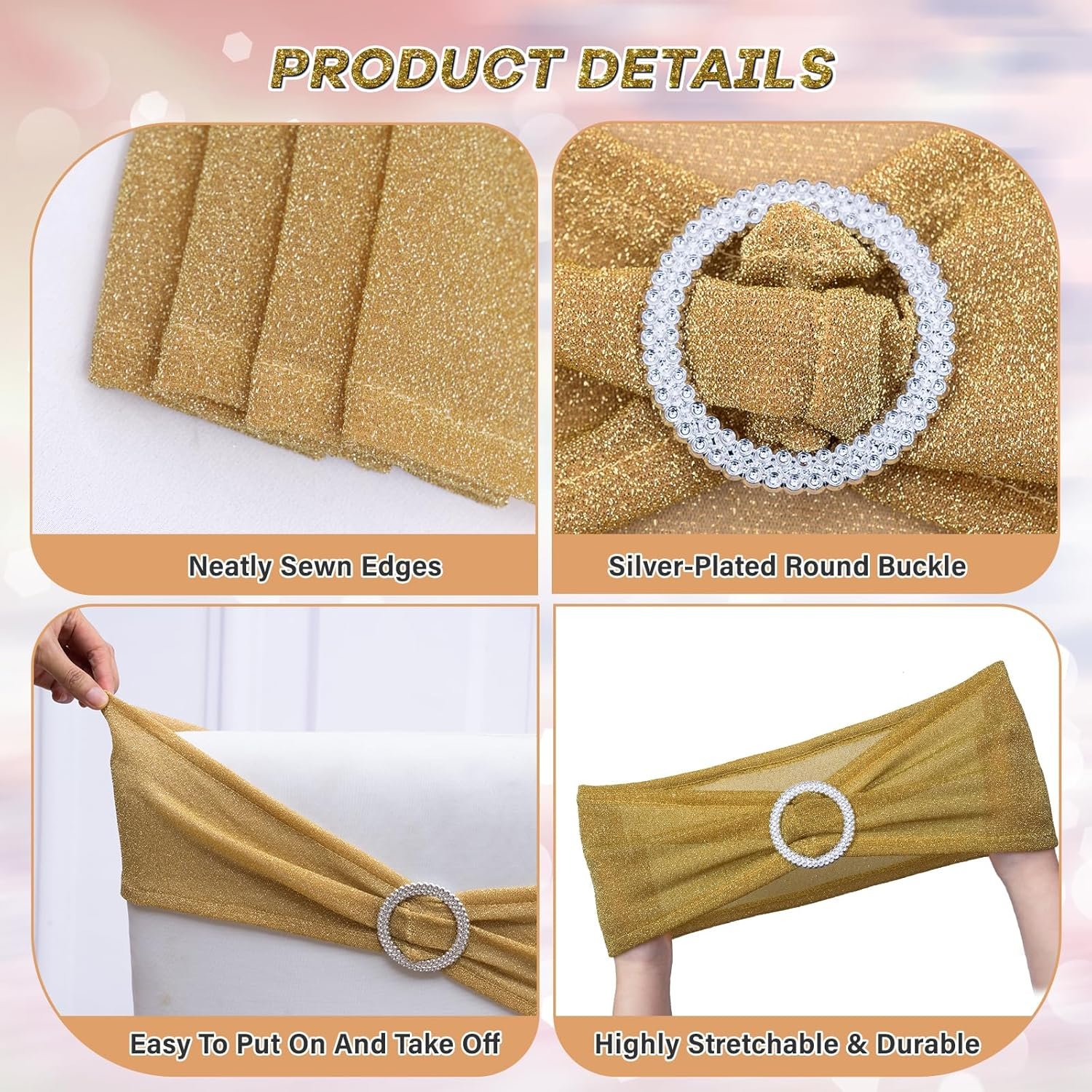 Wholesale Pack of 10 Gold Chair Sashes Bows with Buckle Slider Universal Elastic Spandex Bands Ties for Banquet Event Decor Supplier Wholesale Pack of 10 Gold Chair Sashes Bows with Buckle Slider Universal Elastic Spandex Bands Ties for Banquet Event Decor Supplier