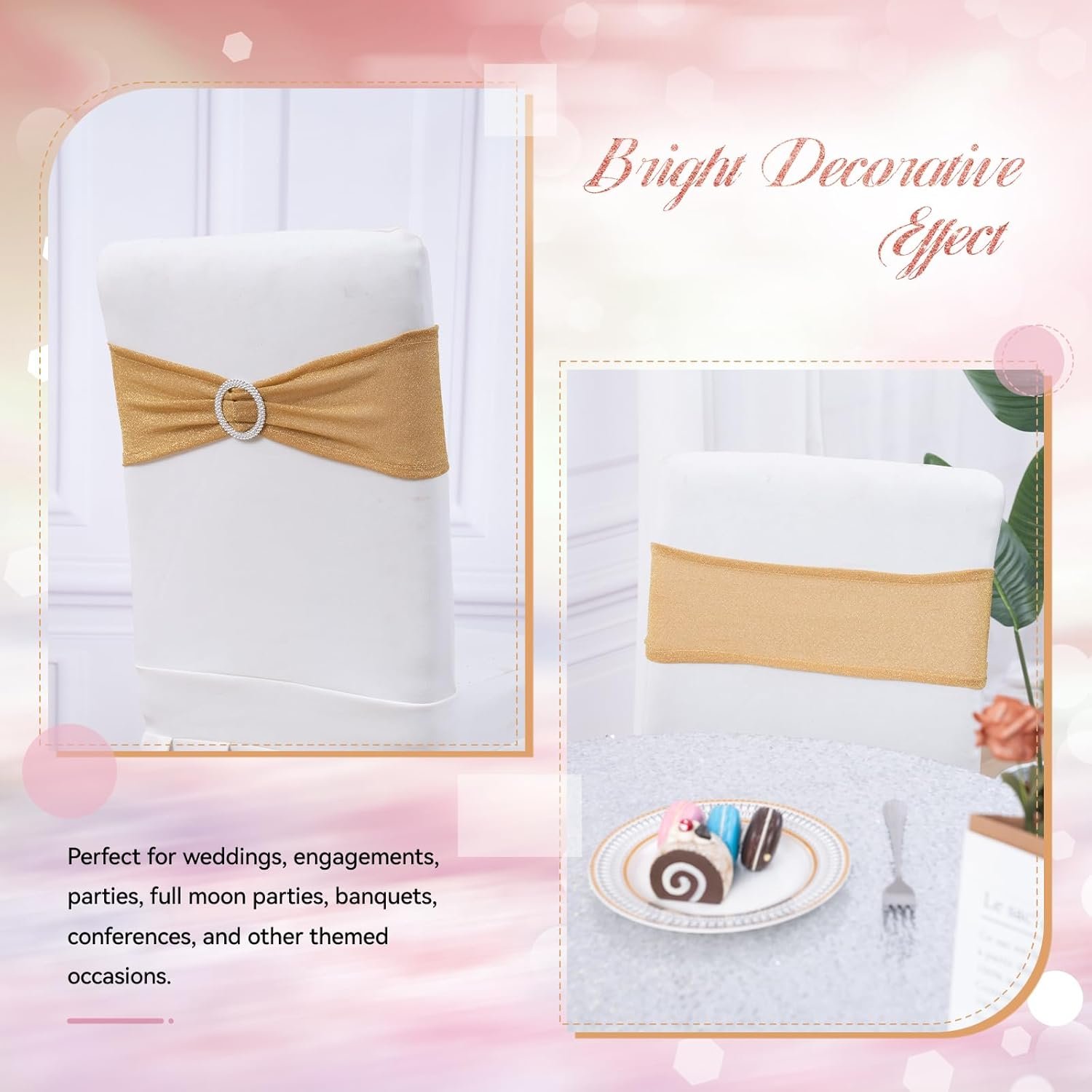 Wholesale Pack of 10 Gold Chair Sashes Bows with Buckle Slider Universal Elastic Spandex Bands Ties for Banquet Event Decor Supplier Wholesale Pack of 10 Gold Chair Sashes Bows with Buckle Slider Universal Elastic Spandex Bands Ties for Banquet Event Decor Supplier