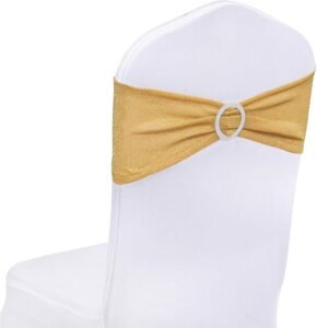 SquarePie Pack of 10 Gold Chair Sashes Bows with Buckle Slider Universal Elastic Spandex Bands Ties for Banquet Event Decor