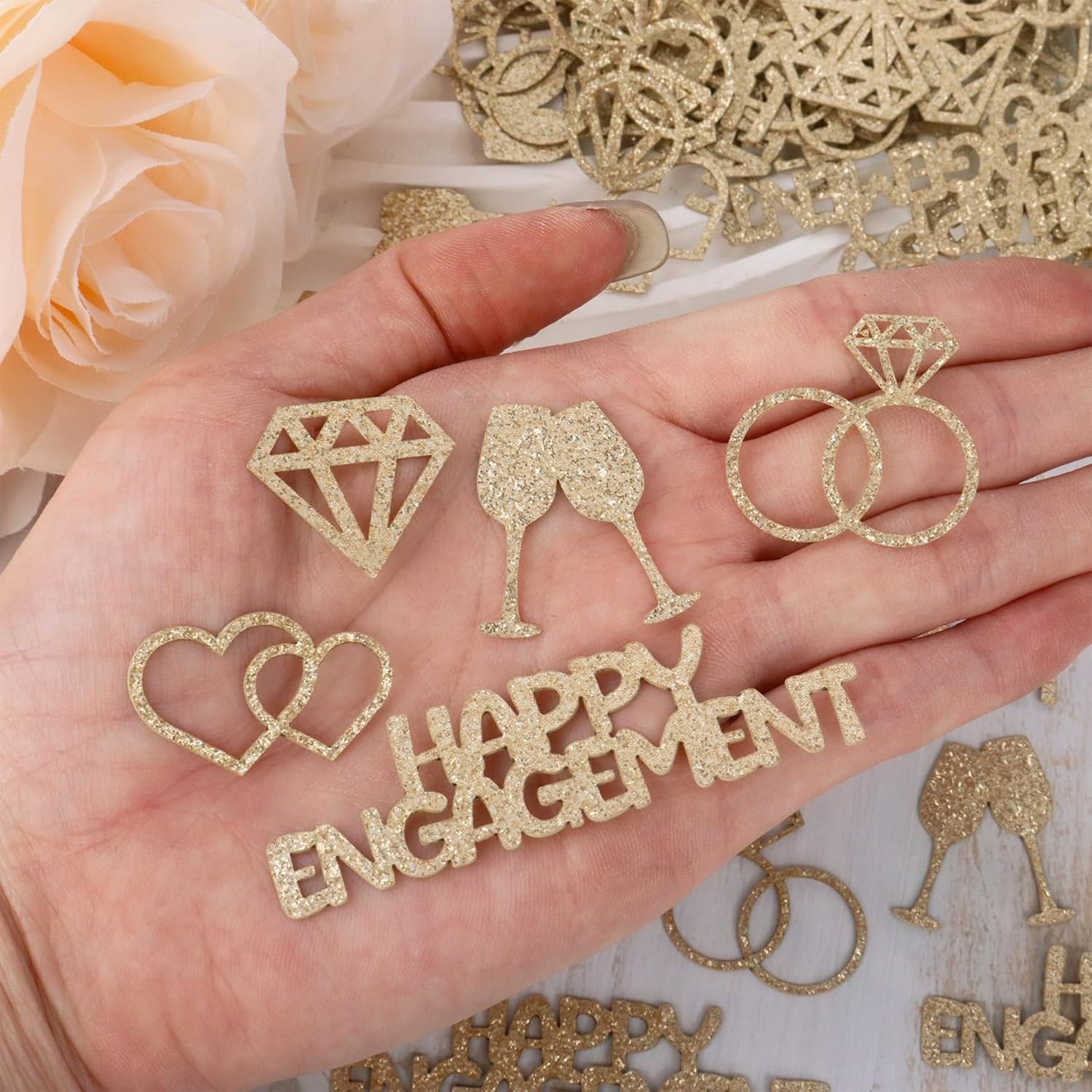 Wholesale 100PCS Champagne Gold Glitter Engagement Confetti Diamond Ring Heart Table Scatter for Wedding Bridal Shower Party Decor Supplier