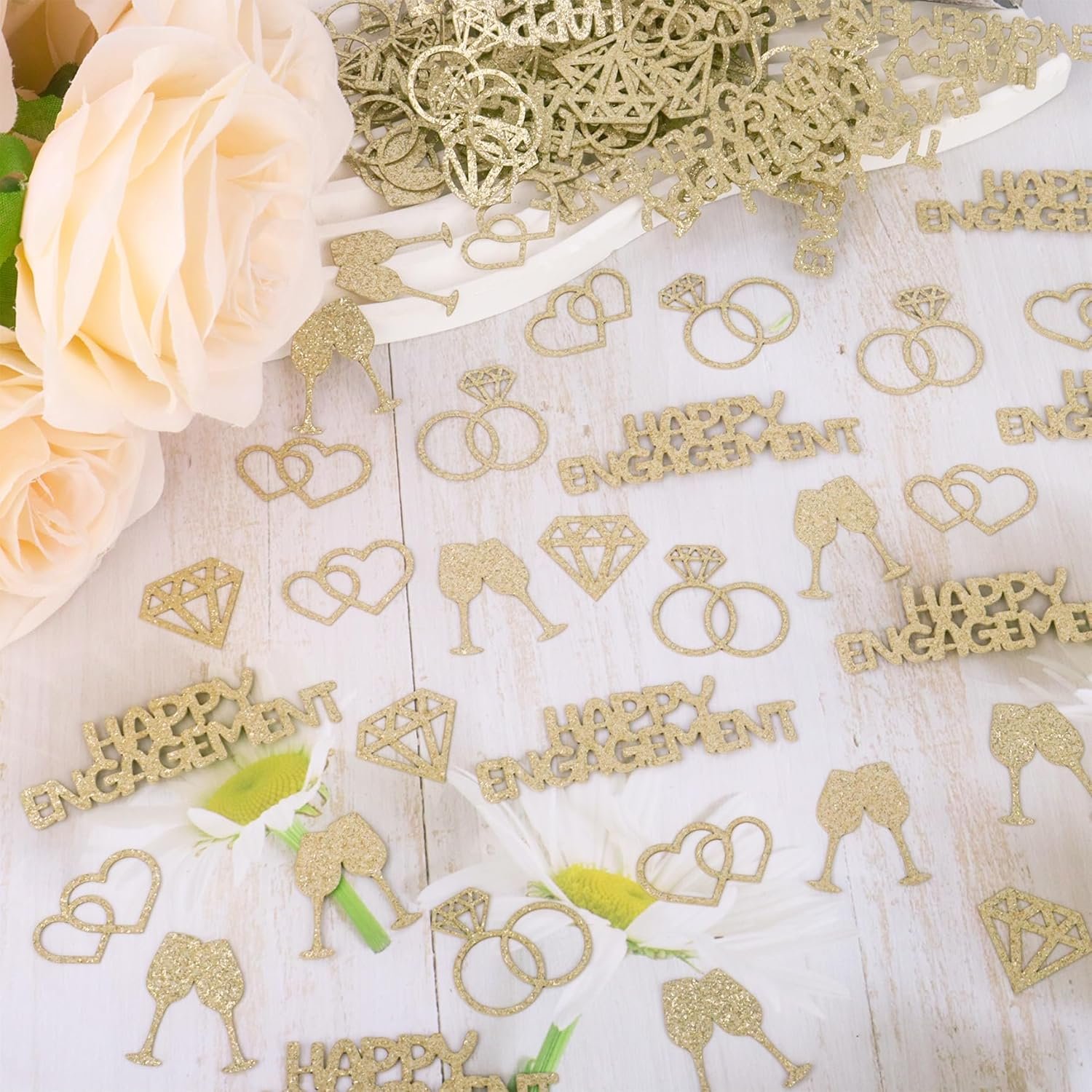 Wholesale 100PCS Champagne Gold Glitter Engagement Confetti Diamond Ring Heart Table Scatter for Wedding Bridal Shower Party Decor Supplier