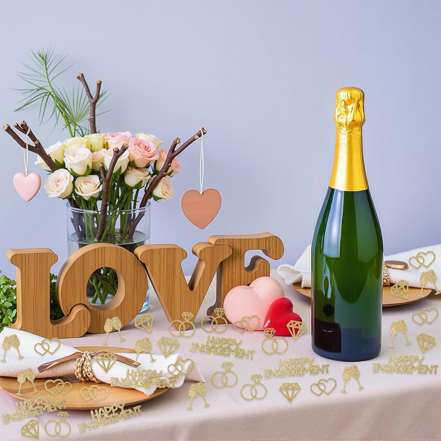 Wholesale 100PCS Champagne Gold Glitter Engagement Confetti Diamond Ring Heart Table Scatter for Wedding Bridal Shower Party Decor Supplier