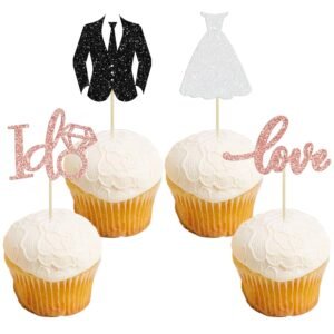 Gyufise 24 Pack Wedding Cupcake Toppers Glitter Groom and Bride Love I Do Cupcake Picks for Bridal Shower Wedding Engagement Party Cake Decorations Supplies