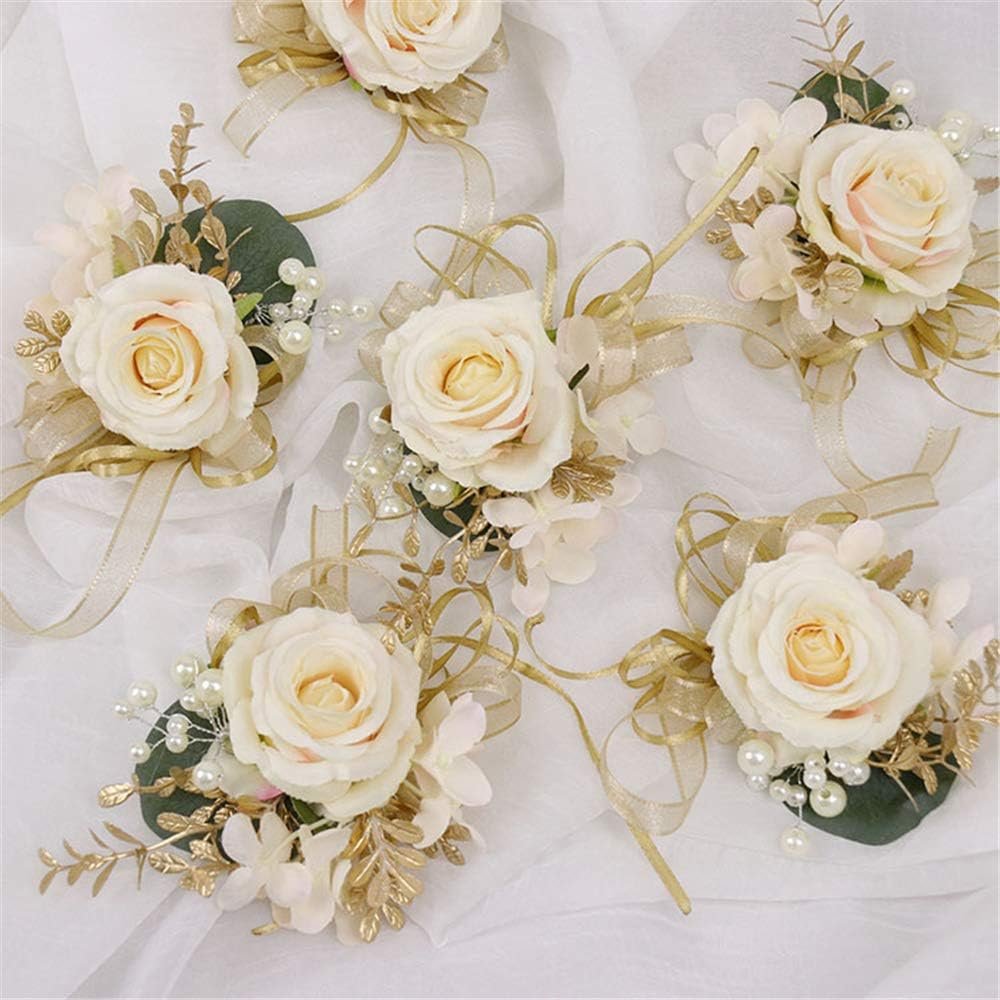 Wholesale 2pc Pack Handmade Artificial Rose Wrist Corsage with Gold Leaves Ribbons Pearls Elastic Wristband for Bridesmaid Wedding Party Prom Supplier Wholesale 2pc Pack Handmade Artificial Rose Wrist Corsage with Gold Leaves Ribbons Pearls Elastic Wristband for Bridesmaid Wedding Party Prom Supplier