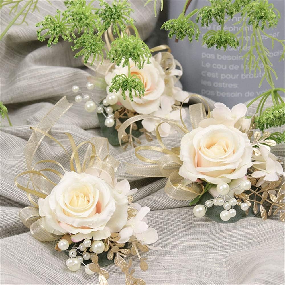 Wholesale 2pc Pack Handmade Artificial Rose Wrist Corsage with Gold Leaves Ribbons Pearls Elastic Wristband for Bridesmaid Wedding Party Prom Supplier Wholesale 2pc Pack Handmade Artificial Rose Wrist Corsage with Gold Leaves Ribbons Pearls Elastic Wristband for Bridesmaid Wedding Party Prom Supplier