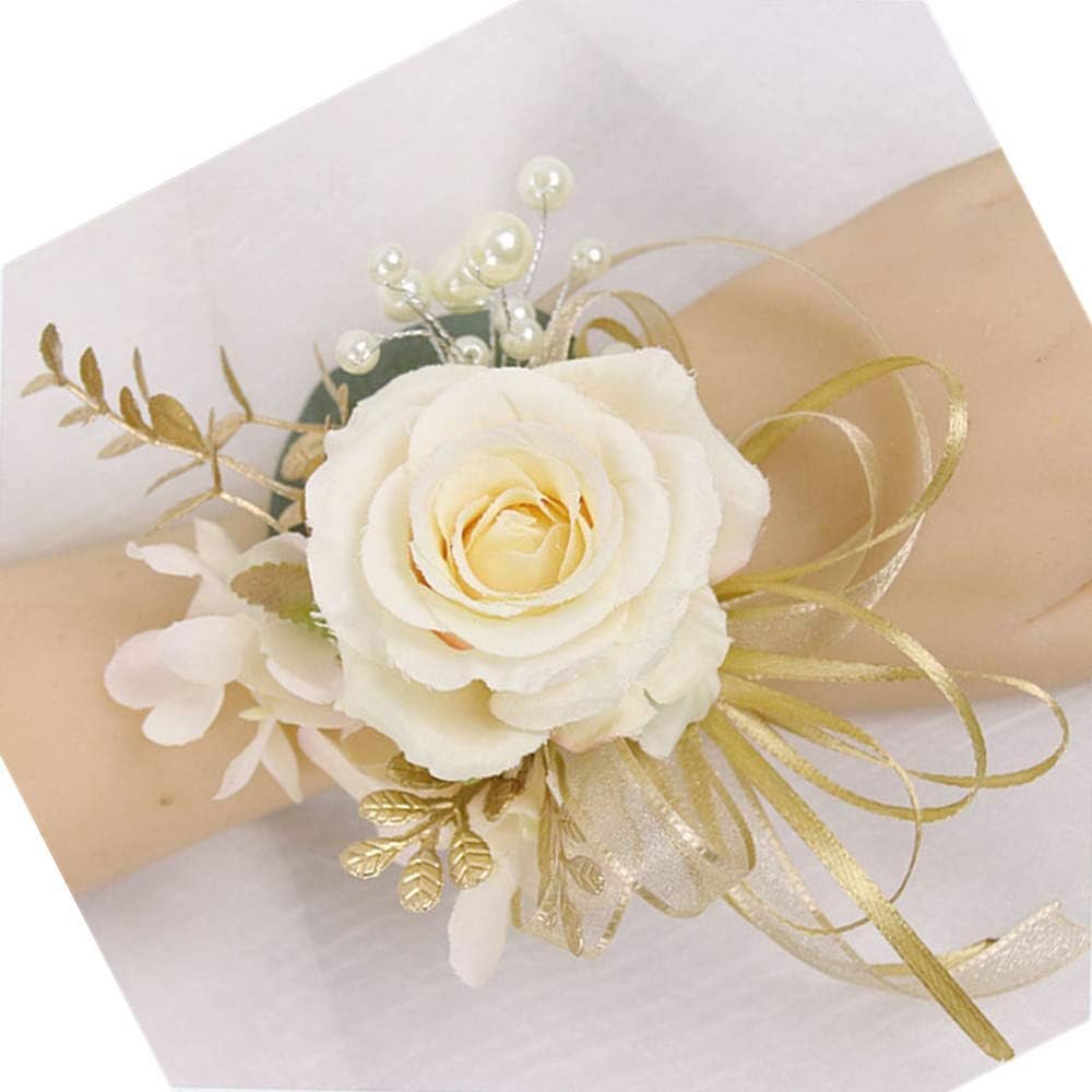 USIX 2pc Pack-Handmade Artificial Flower Rose with Gold Leaves Ribbons Artificial Pearls Wrist Corsage Hand Flower with Elastic Wristband for Girl Bridesmaid Wedding Party Prom (Wrist Corsage)