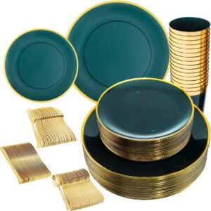 LIYH 180 Pcs Clear and Green Gold Plastic Christmas Plates - Emerald Green Disposable Plastic Dinnerware Sets, Include Dishes, Tableware, Cups for Party & Christmas & Wedding 30 Guests