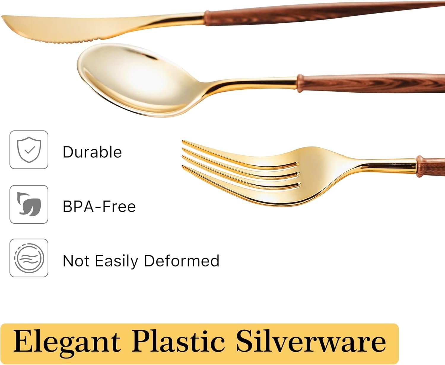 Wholesale 120PCS Gold Plastic Disposable Silverware with Wood Grain Handles 40 Forks 40 Spoons 40 Knives Elegant Cutlery for Wedding Party Gathering Daily Use Supplier Wholesale 120PCS Gold Plastic Disposable Silverware with Wood Grain Handles 40 Forks 40 Spoons 40 Knives Elegant Cutlery for Wedding Party Gathering Daily Use Supplier