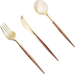 Lullaby 120PCS Gold Plastic Silverware, Gold Disposable Cutlery with Wood Grain Handle Include 40 Forks, 40 Spoons, 40 Knives, Elegant Disposable Silverware for Wedding, Party, Gathering, Daily Use