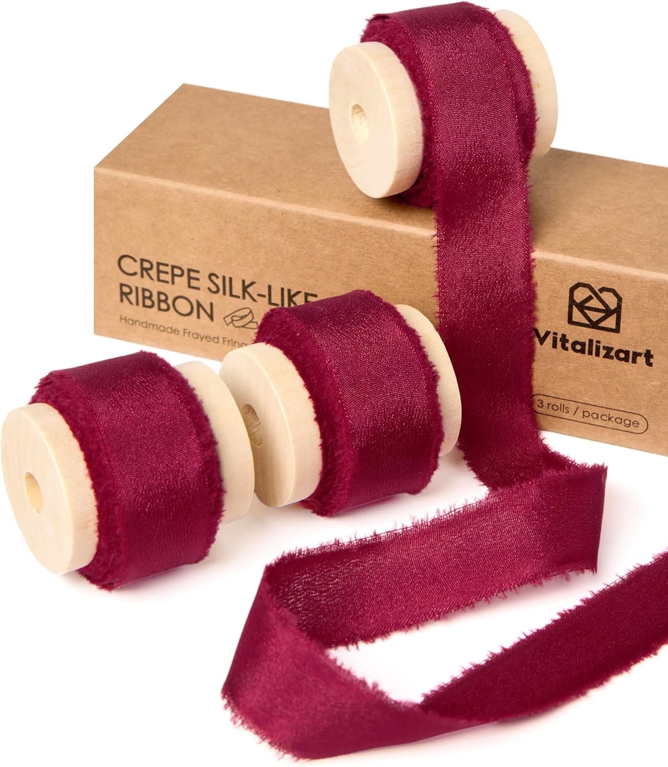 Vitalizart Red Ribbon Double Face Silky Satin Ribbon 5/8" Crepe Silk Like Handmade Frayed Fringe for Valentines Day Gift Wrapping Wedding Bridal Bouquets Holiday Decor 15 Yard