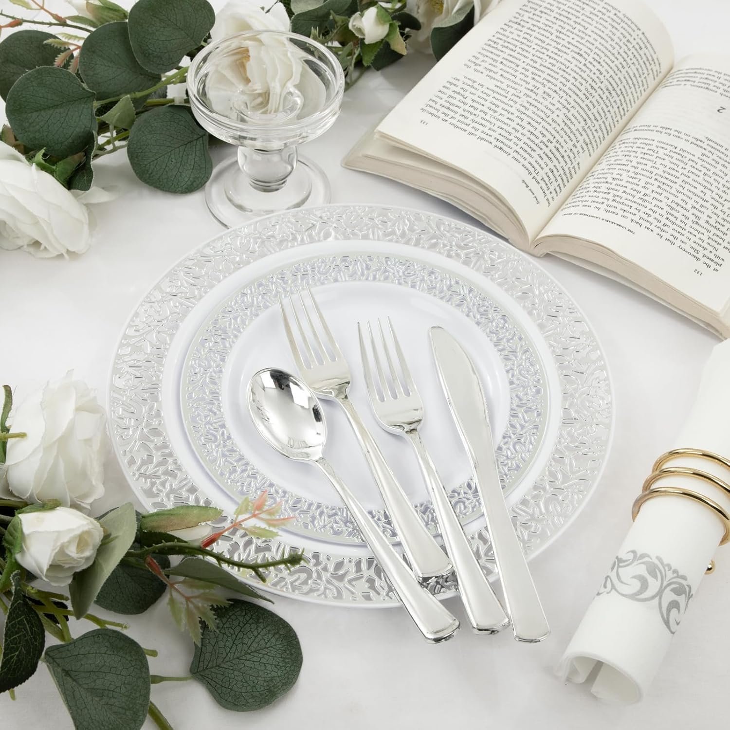 Wholesale 350 Pieces Silver Disposable Plastic Dinnerware Set 50 Dinner Plates 50 Dessert Plates 50 Cups 50 Pre-Rolled Napkins with Silver Cutlery Supplier