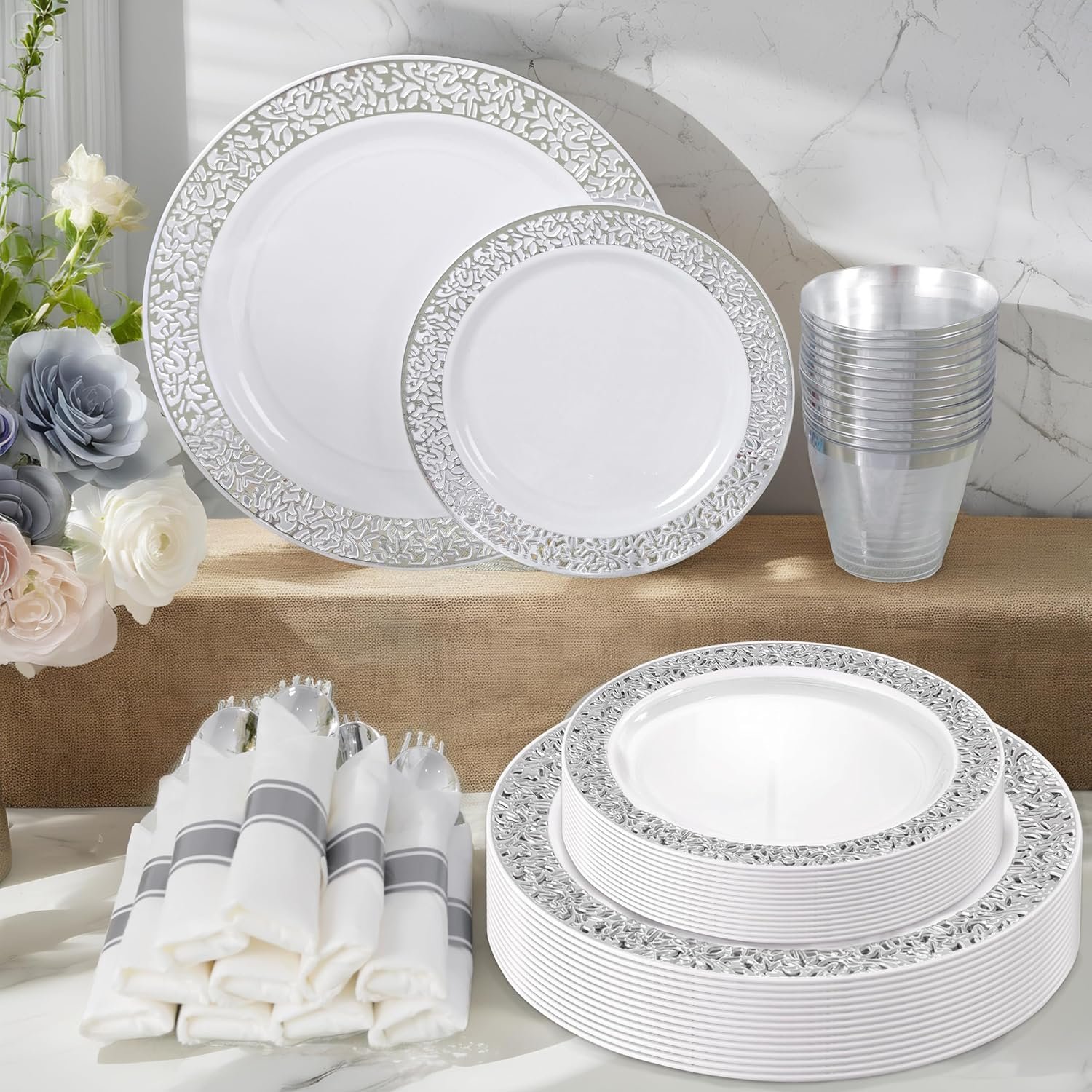 Wholesale 350 Pieces Silver Disposable Plastic Dinnerware Set 50 Dinner Plates 50 Dessert Plates 50 Cups 50 Pre-Rolled Napkins with Silver Cutlery Supplier