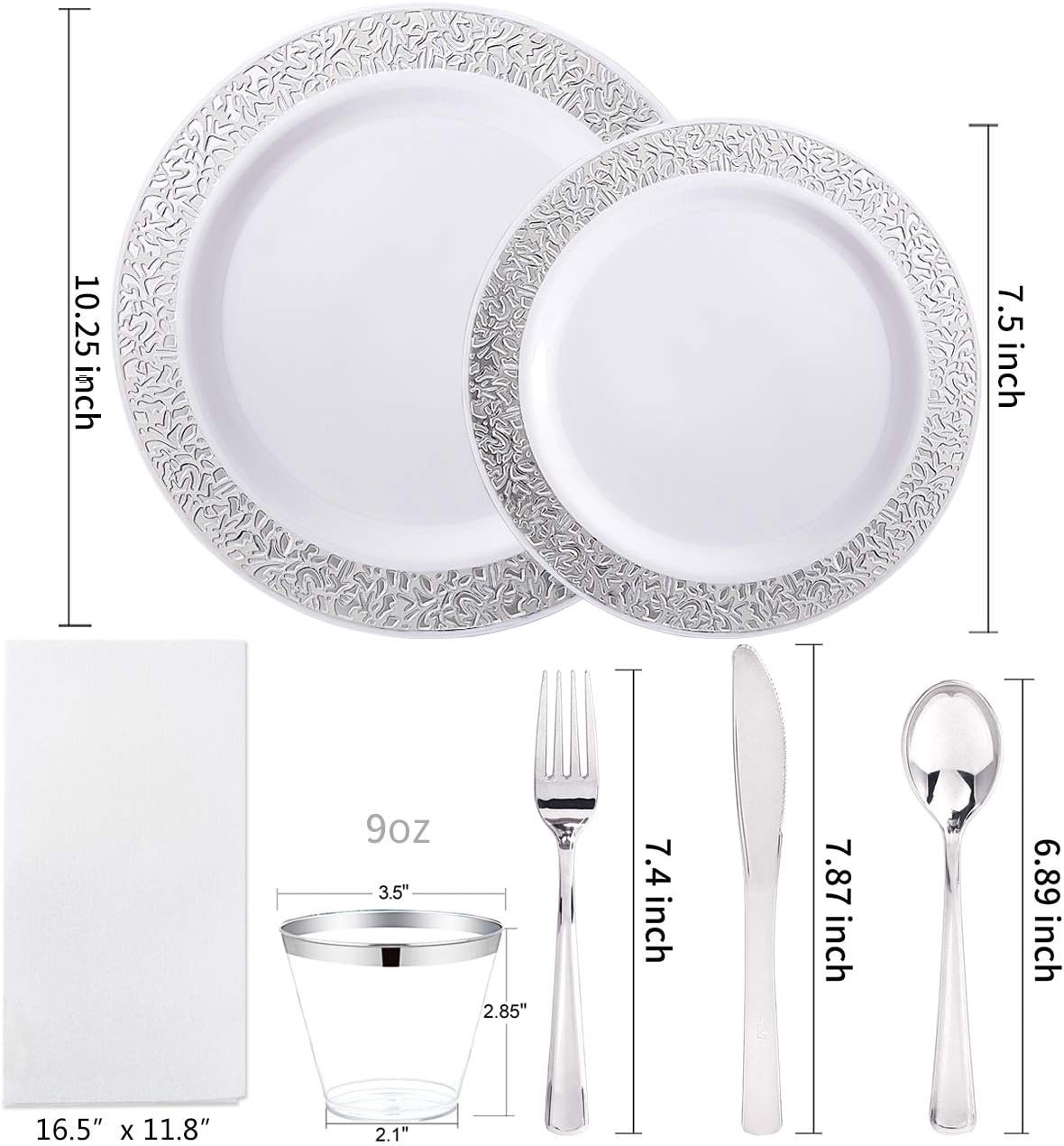 Wholesale 350 Pieces Silver Disposable Plastic Dinnerware Set 50 Dinner Plates 50 Dessert Plates 50 Cups 50 Pre-Rolled Napkins with Silver Cutlery Supplier