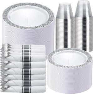 WELLIFE 350 Pieces Silver Disposable Plastic Dinnerware, Includes:50 Dinner Plates, 50 Dessert Plates, 50 Cups, 50 Pre Rolled Napkins with Silver Cutlery