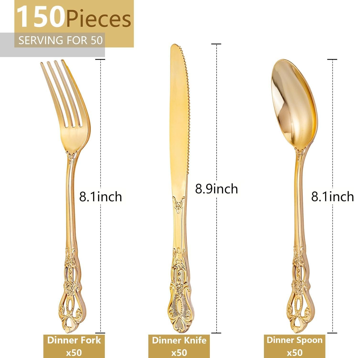 Wholesale 150 Pieces Heavy Duty Gold Disposable Plastic Cutlery Set 50 Forks 50 Spoons 50 Knives for Parties Weddings Holidays Supplier Wholesale 150 Pieces Heavy Duty Gold Disposable Plastic Cutlery Set 50 Forks 50 Spoons 50 Knives for Parties Weddings Holidays Supplier