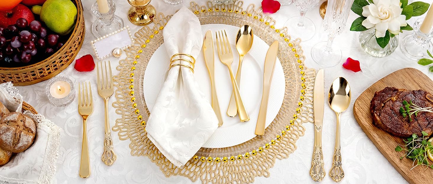 Wholesale 150 Pieces Heavy Duty Gold Disposable Plastic Cutlery Set 50 Forks 50 Spoons 50 Knives for Parties Weddings Holidays Supplier Wholesale 150 Pieces Heavy Duty Gold Disposable Plastic Cutlery Set 50 Forks 50 Spoons 50 Knives for Parties Weddings Holidays Supplier