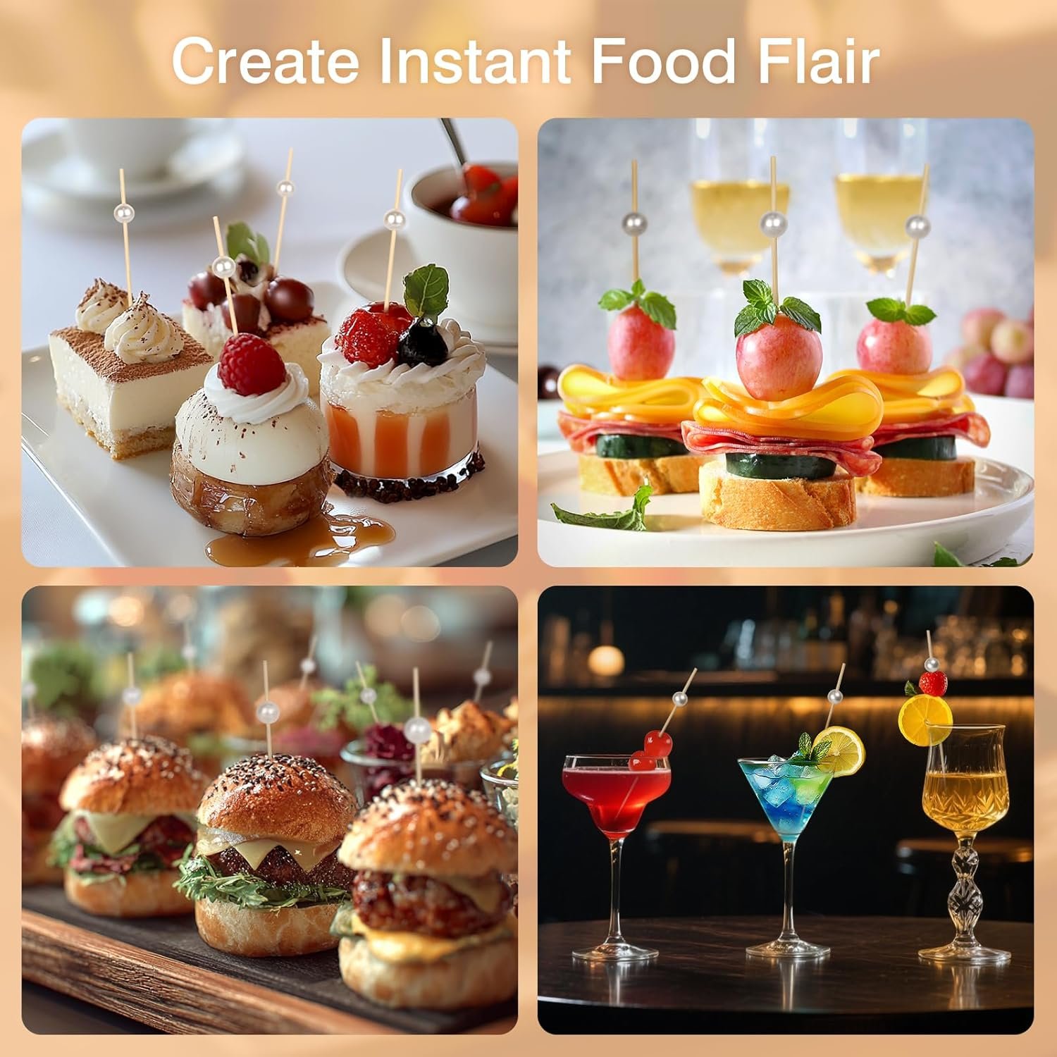 Wholesale 200 White Pearl Fancy Cocktail Picks 4.7 Inch Long Bamboo Toothpicks Skewers for Appetizers Drinks Fruit Food Wedding Party Decor Charcuterie Accessories Supplier