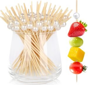 200 Cocktail Picks, White Pearl Fancy Toothpicks for Appetizers Drinks Fruit Food, 4.7 IN Long Bamboo Skewers Wood Cocktail Sticks for Wedding Bridal Shower Party Decor Charcuterie Boards Accessories