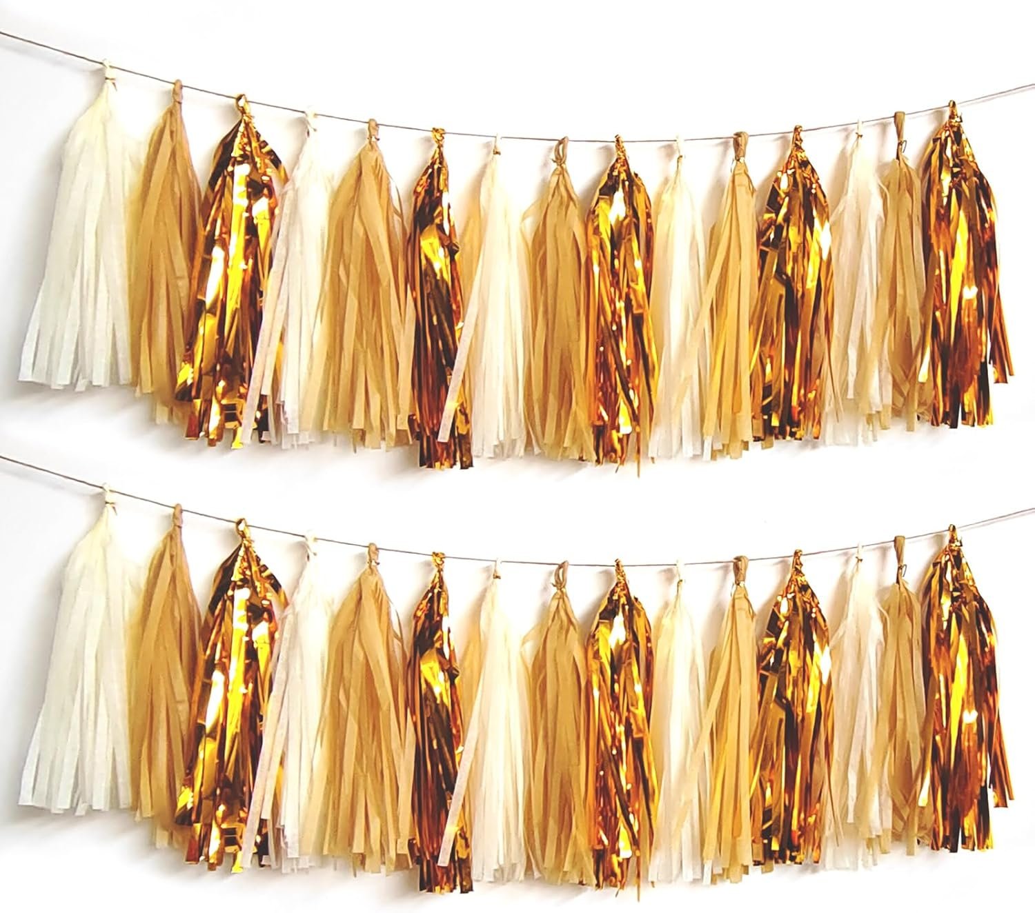 Shiny Tassel Garland Tissue Paper Tassel Banner,Tassels Party Decorations for Wedding,Birthday,Bridal/Baby Shower,Pack of 15 (Gold/Tan/Ivory)