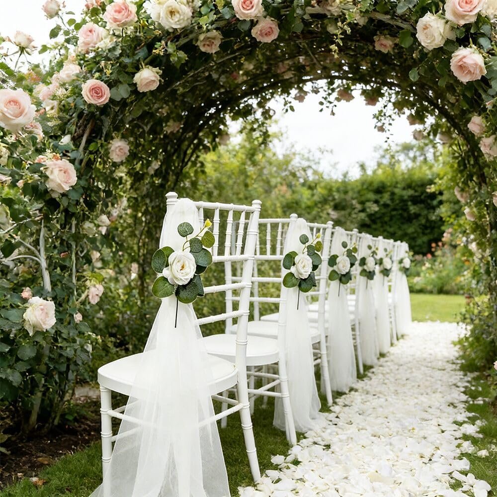 Wholesale Set of 6 Wedding Aisle Decorations with Artificial White Roses Eucalyptus Stems and Rhinestones for Church Pew Ceremony Party Bench White Supplier