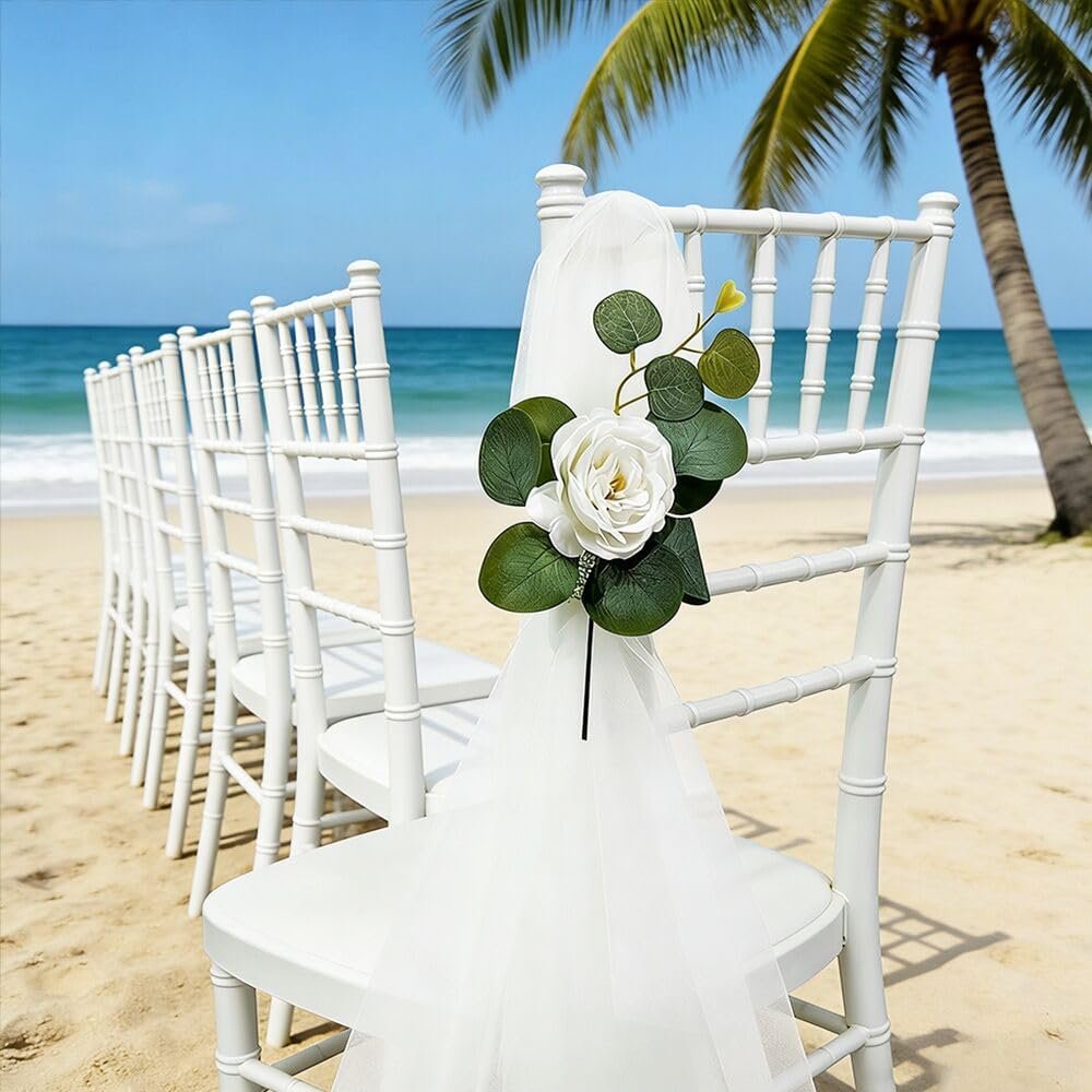 Wholesale Set of 6 Wedding Aisle Decorations with Artificial White Roses Eucalyptus Stems and Rhinestones for Church Pew Ceremony Party Bench White Supplier