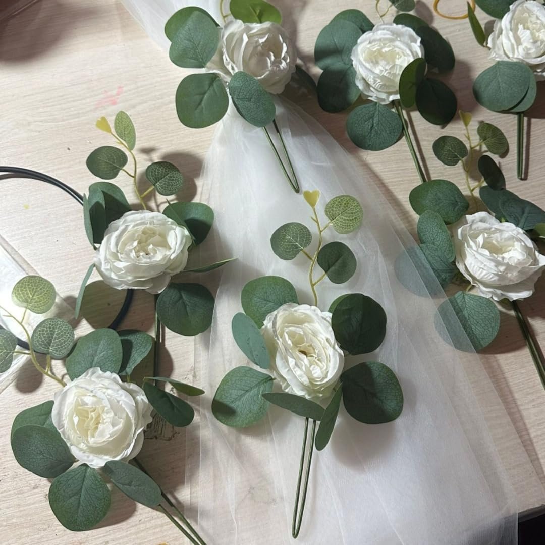 Wholesale Set of 6 Wedding Aisle Decorations with Artificial White Roses Eucalyptus Stems and Rhinestones for Church Pew Ceremony Party Bench White Supplier