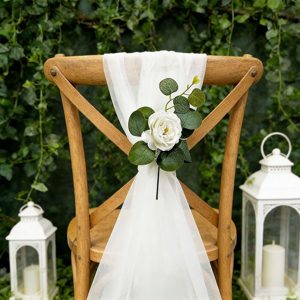 Wholesale Set of 6 Wedding Aisle Decorations with Artificial White Roses Eucalyptus Stems and Rhinestones for Church Pew Ceremony Party Bench White Supplier