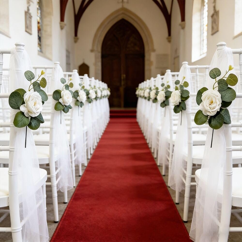 Wholesale Set of 6 Wedding Aisle Decorations with Artificial White Roses Eucalyptus Stems and Rhinestones for Church Pew Ceremony Party Bench White Supplier