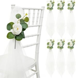 Wedding Aisle Decorations for Ceremony Set of 6,Chair Pew Flowers Church Decorations with Artificial White Roses Flowers Eucalyptus Stem Rhinestone for Party Bench Pew Aisle Decor (White)