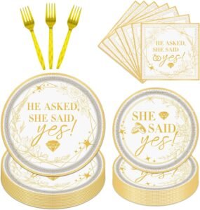 Rakuto Engagement Party Tableware Decorations, 96PCS She Said Yes Disposable Plates and Napkins Forks Set, Bridal Shower Wedding Plates and Napkins Dinnerware Sets