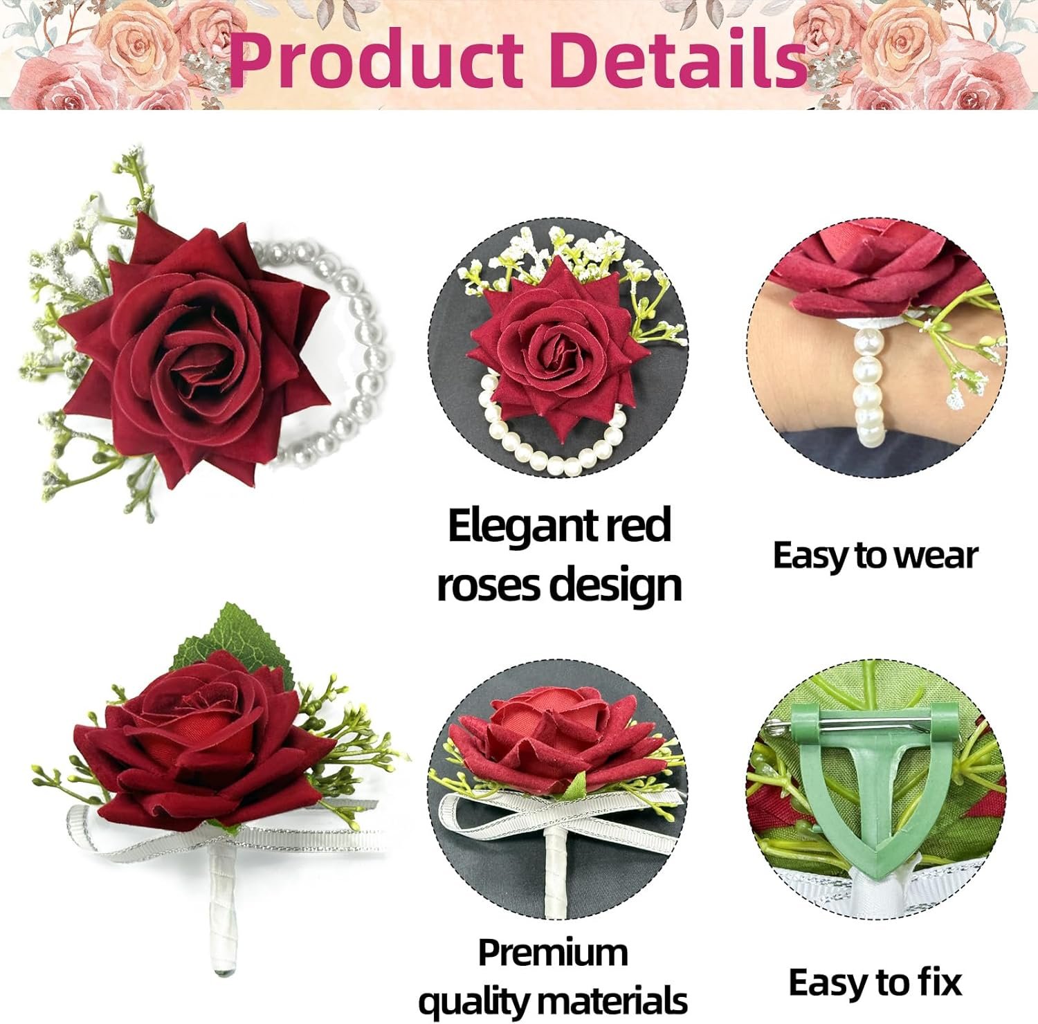 Wholesale Pack of 2 Red Rose Wrist Corsage and Boutonniere Set Artificial Flowers with Pearl Bracelet and Pin for Bride Groom Bridesmaids Groomsmen Weddings Prom Men Women Supplier